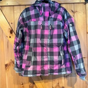 Women’s Mountain Hardware Pink and Gray Plaid Ski Jacket, Size L